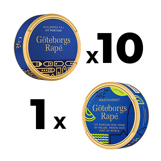 10 Göteborgs Rapé Gullbergs Kaj White Portionssnus + 1 Göteborgs Rapé Masthugget Mixpack